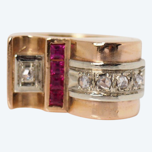 Tank Ring In Pink, Red Stones And Diamonds