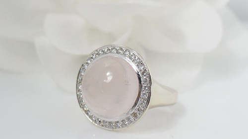 Anello In Bianco, Quarzo Rosa E Diamanti