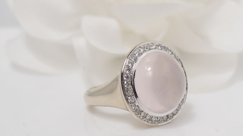 Anello In Bianco, Quarzo Rosa E Diamanti