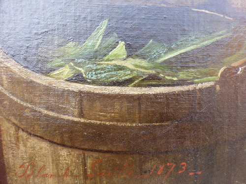 Large Painting French School XIX "leek peeler" signed and dated 1873