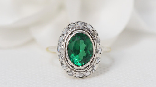 Old Ring In Yellow Gold And Silver, Green Stone And Diamonds