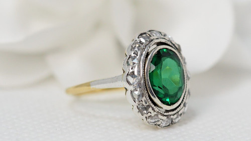 Old Ring In Yellow Gold And Silver, Green Stone And Diamonds