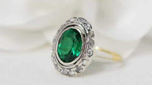 Old Ring In Yellow Gold And Silver, Green Stone And Diamonds