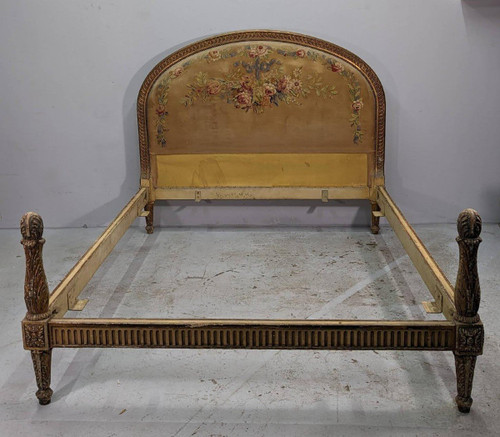 Louis XVI Style Bed Lacquered And Gilded Floral Tapestry 1900 Period