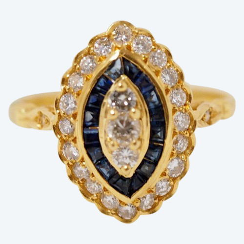 Yellow Gold Marquise Ring with Calibrated Sapphires and Diamonds