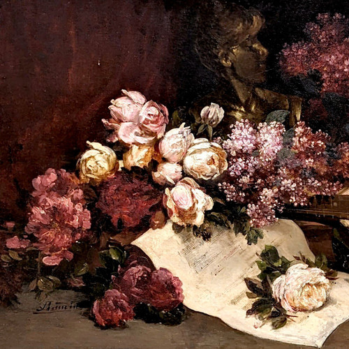 Oil On Canvas Still Life With Roses And Lilacs Signed Baudin, XIXth Century