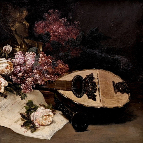 Oil On Canvas Still Life With Roses And Lilacs Signed Baudin, XIXth Century