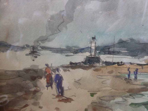 Marine Watercolor "The Lighthouse Of Honfleur" Signed Lavoine