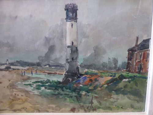 Marine Watercolor "The Lighthouse Of Honfleur" Signed Lavoine