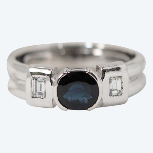 White Gold Ring; Round Sapphire And Baguette Diamonds