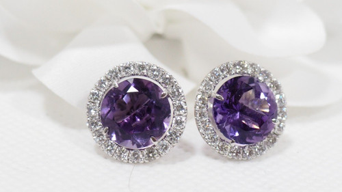 Earrings In White Gold, Round Amethysts And Diamonds