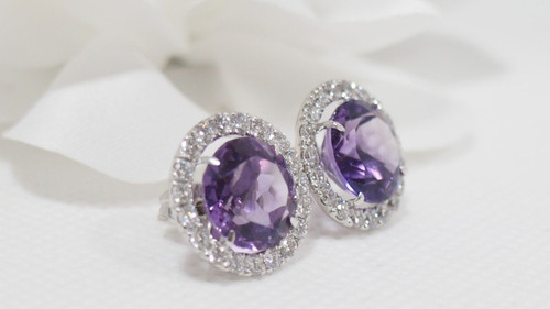 Earrings In White Gold, Round Amethysts And Diamonds