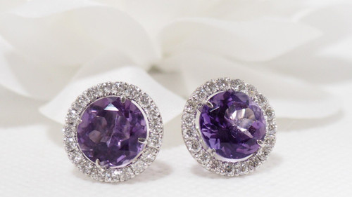 Earrings In White Gold, Round Amethysts And Diamonds