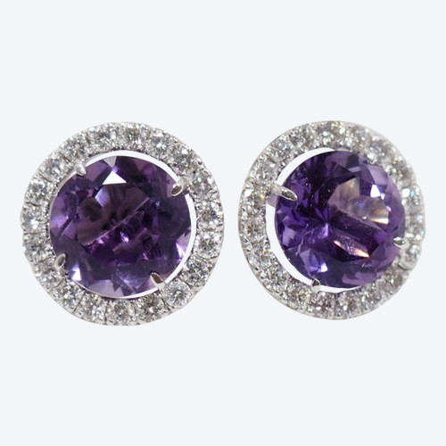 Earrings In White Gold, Round Amethysts And Diamonds