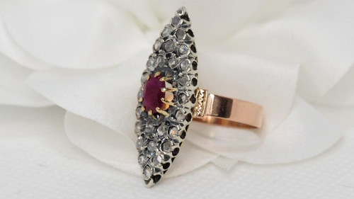 Marquise Ring In Bicolor Gold, Rubies And Roses