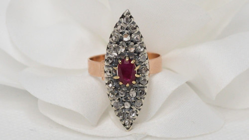 Marquise Ring In Bicolor Gold, Rubies And Roses