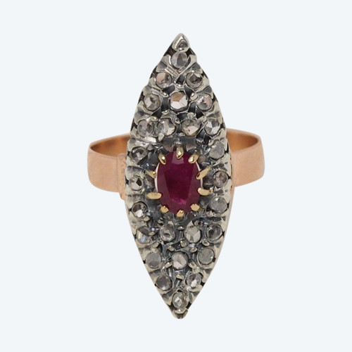 Marquise Ring In Bicolor Gold, Rubies And Roses