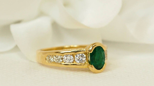 Ring In Yellow Gold, Oval Emerald And Diamonds