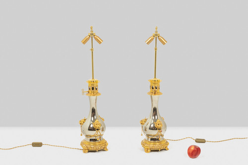 Pair of lamps in metal and gilded bronze, circa 1880