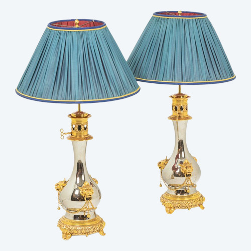 Pair of lamps in metal and gilded bronze, circa 1880