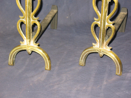 Pair of small landiers andirons in bronze, 1950s