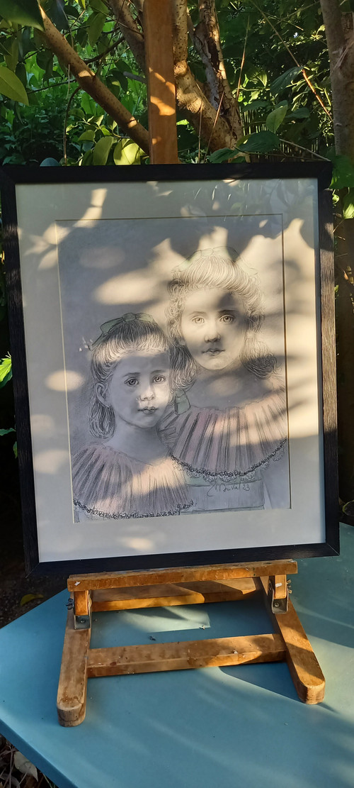 Portrait of two little girls/gray pencil drawing