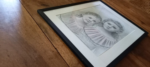 Portrait of two little girls/gray pencil drawing