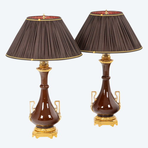 Pair of porcelain and gilt bronze lamps, circa 1880