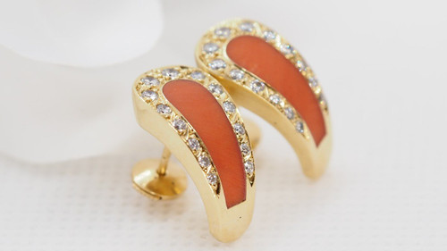 Yellow Gold, Coral and Diamond Earrings