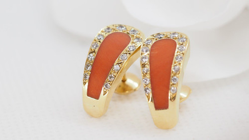 Yellow Gold, Coral and Diamond Earrings