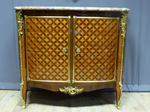 Marquetry sideboard stamped "Escalier de cristal Paris".