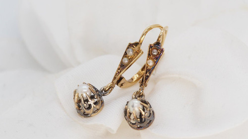 Yellow Gold And Fine Pearls Antique Earrings