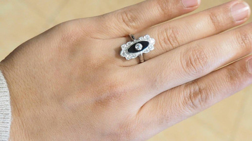 Art Deco Ring In Platinum, Onyx And Diamonds