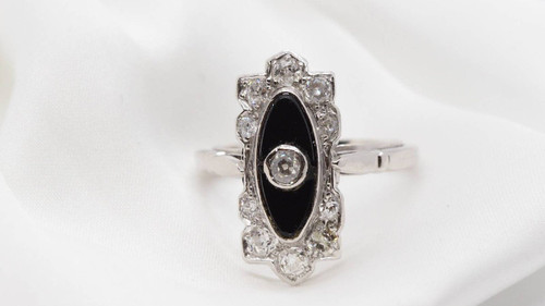 Art Deco Ring In Platinum, Onyx And Diamonds