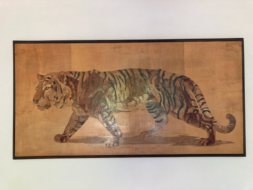 Grand panneau en marqueterie de bois exotique, Tigre du Benghale, signé Rosenau, vers 1930