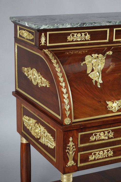 Cylinder desk, mahogany and bronzes with winged victory motifs, Empire style, 19th century