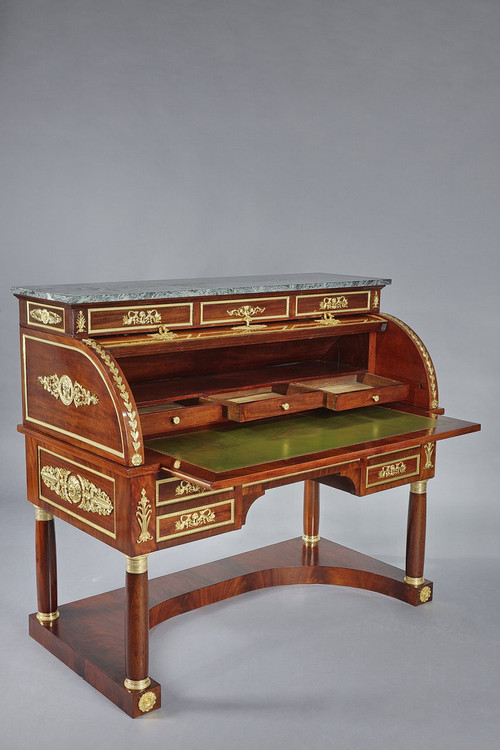 Cylinder desk, mahogany and bronzes with winged victory motifs, Empire style, 19th century