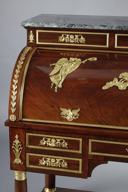 Cylinder desk, mahogany and bronzes with winged victory motifs, Empire style, 19th century