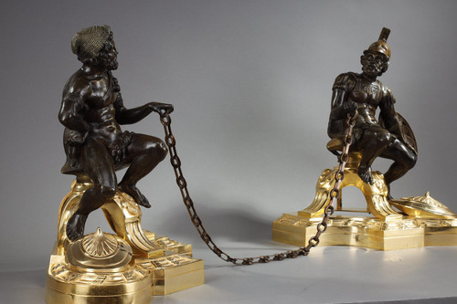 Paire de chenets en bronze, "Alexandre le Grand et Dogène", XIXe siècle