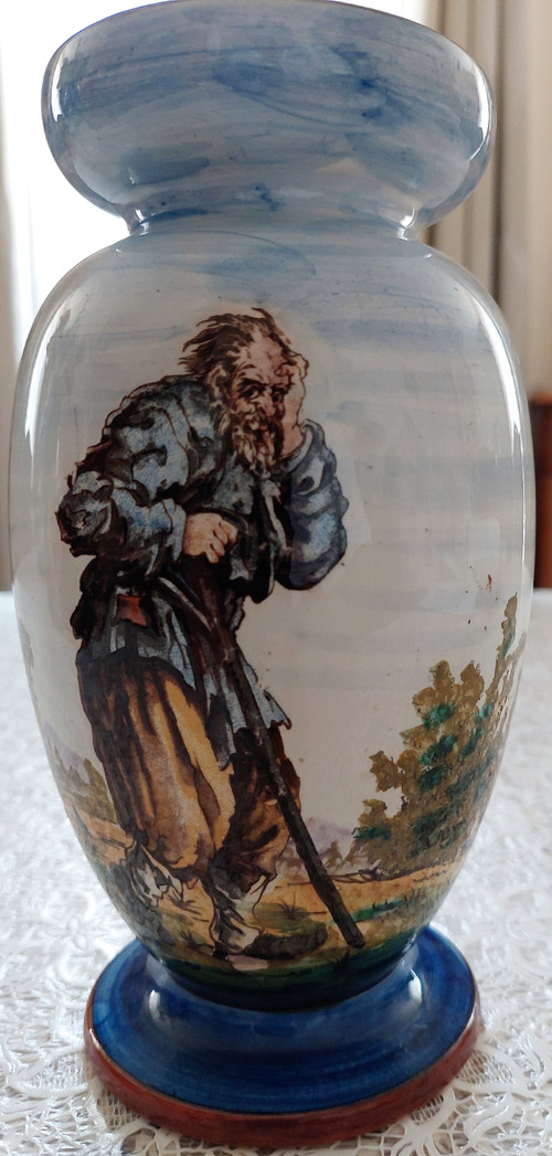 Gien earthenware vase decorated with beggars late 19th century