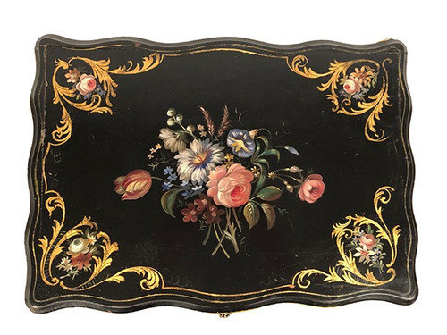 Travailleuse Napoléon III, bois laqué noir et décor peint de fleurs