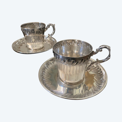 Deux tasses et leurs sous-tasses en argent massif circa 1890