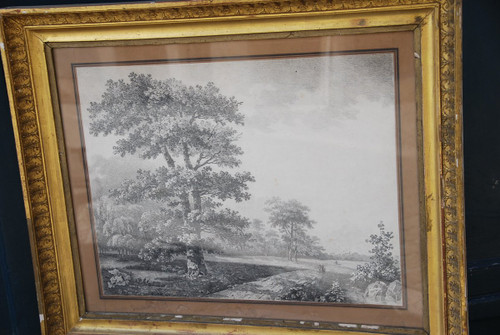 Large Drawing Landscape And Trees Signed By Wartel, 19th Century Empire Period