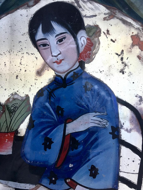 Chine, Dernier Tiers du XIXème Siècle, Peinture Sous Verre Figurant Une Enfant.