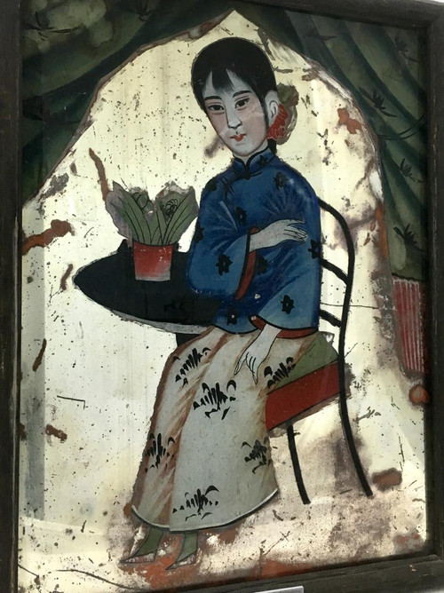 Chine, Dernier Tiers du XIXème Siècle, Peinture Sous Verre Figurant Une Enfant.