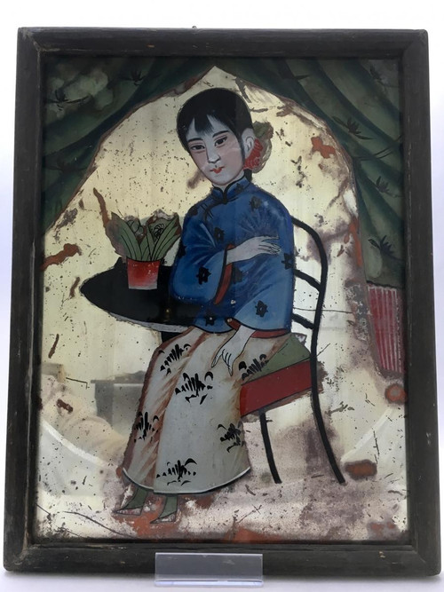 Chine, Dernier Tiers du XIXème Siècle, Peinture Sous Verre Figurant Une Enfant.