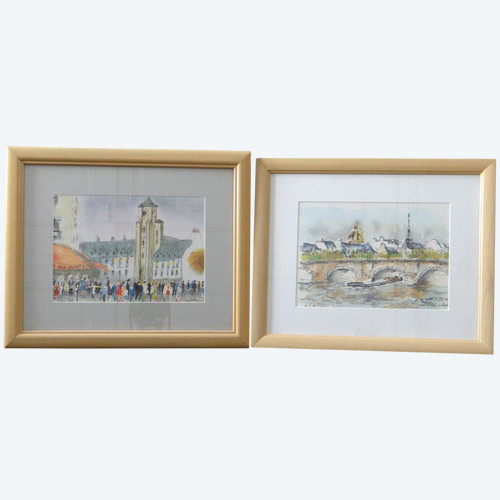 Urbain Huchet, Two Lithographs Views of Paris 1970s.