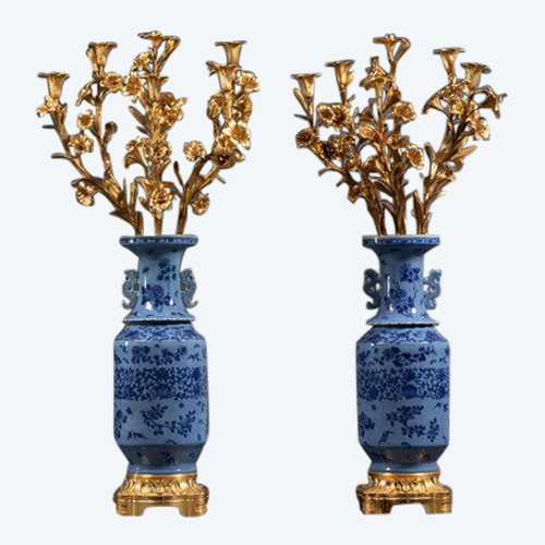 Pair Of Large Chinese Porcelain Vases Mounted In Gilt Bronze 19th century