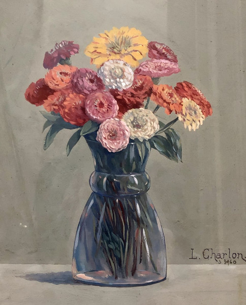 Léon-Paul CHARLON, Gouache Blumenstrauß 1938.