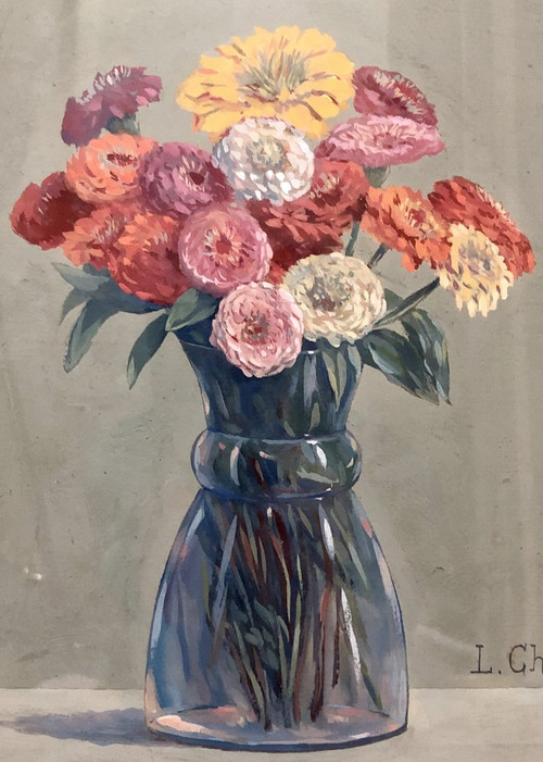 Léon-Paul CHARLON, Gouache Blumenstrauß 1938.